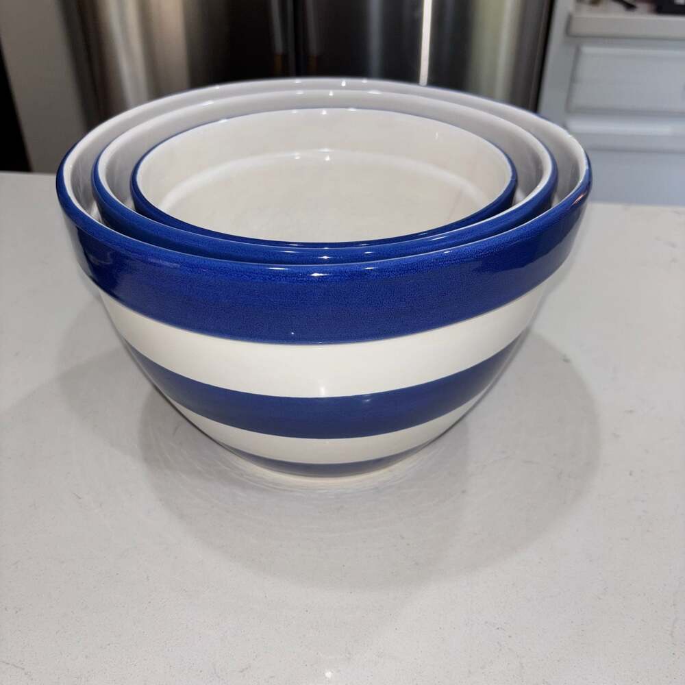 Vintage Dansk Blue and White Striped Nesting Mixing Bowl Set, 3-Piece